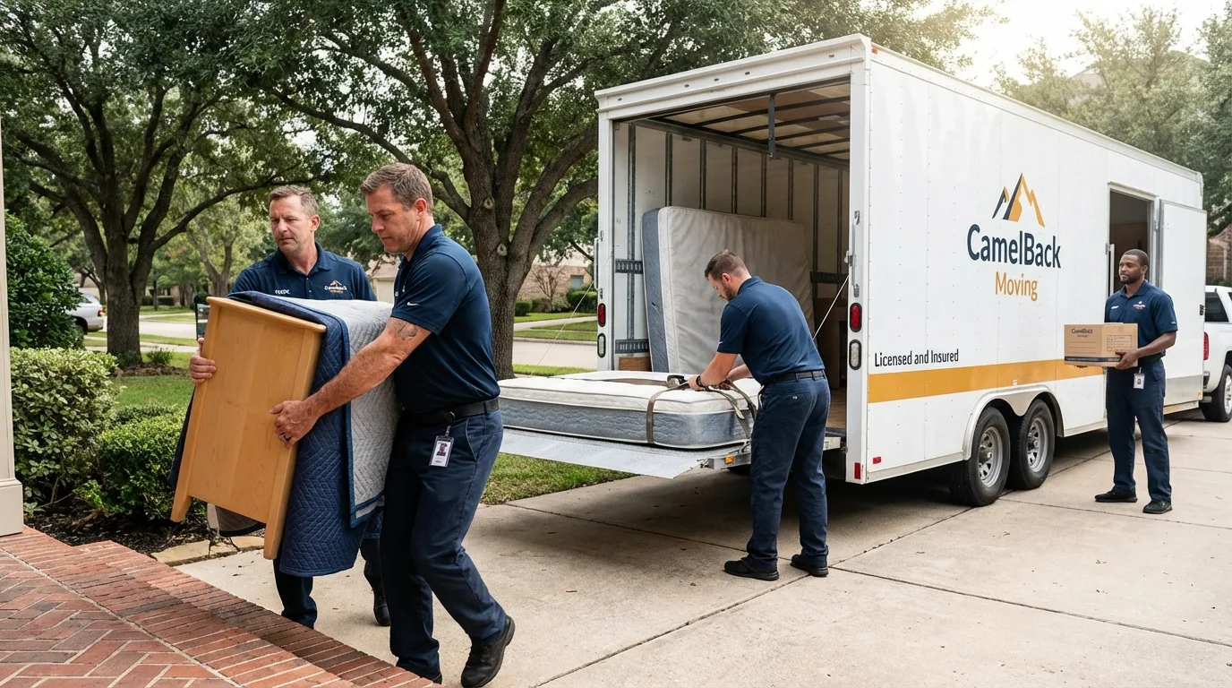 Crew loading residential truck for cross-state move from East Moriches, NY