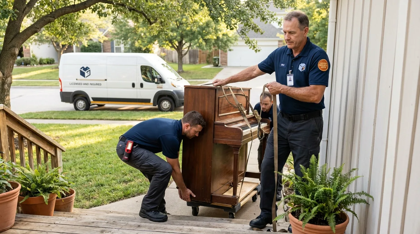 Licensed piano movers securing grand piano in East Moriches, NY