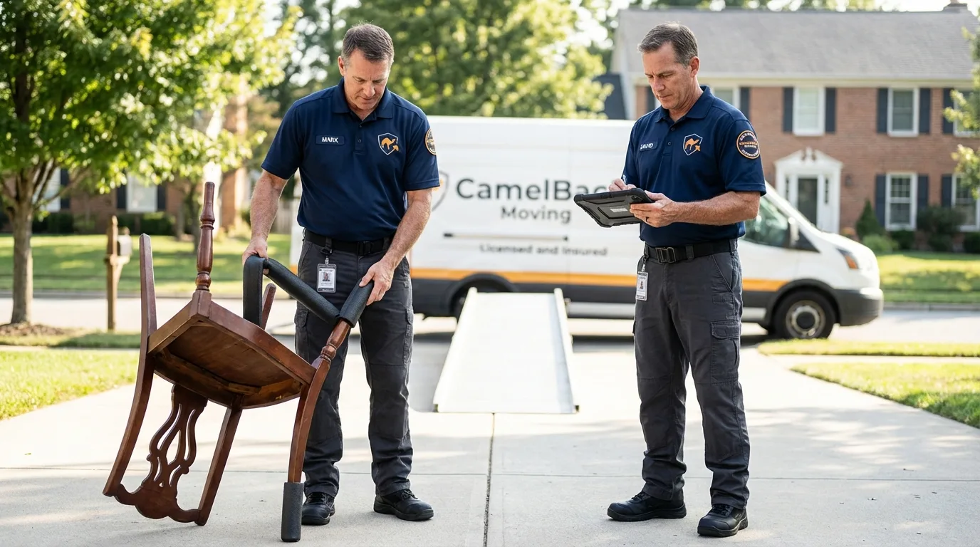 Movers inspecting furniture for damage prevention before loading in East Moriches, NY