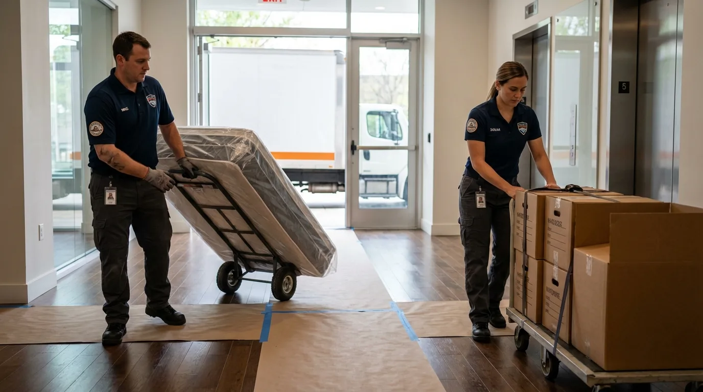 Professional apartment movers loading elevator in East Moriches, NY
