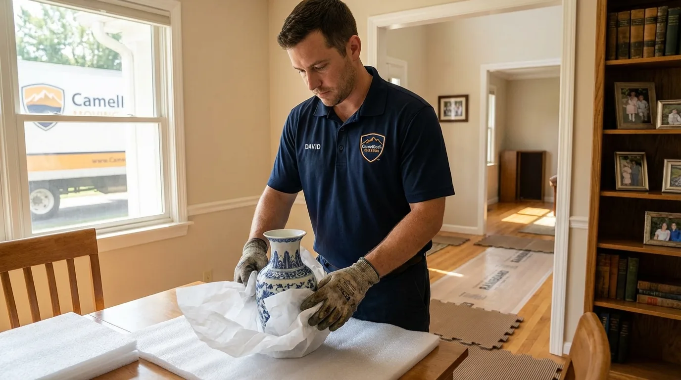 Professional crew carefully wrapping antique vase for senior downsizing move in East Moriches, NY