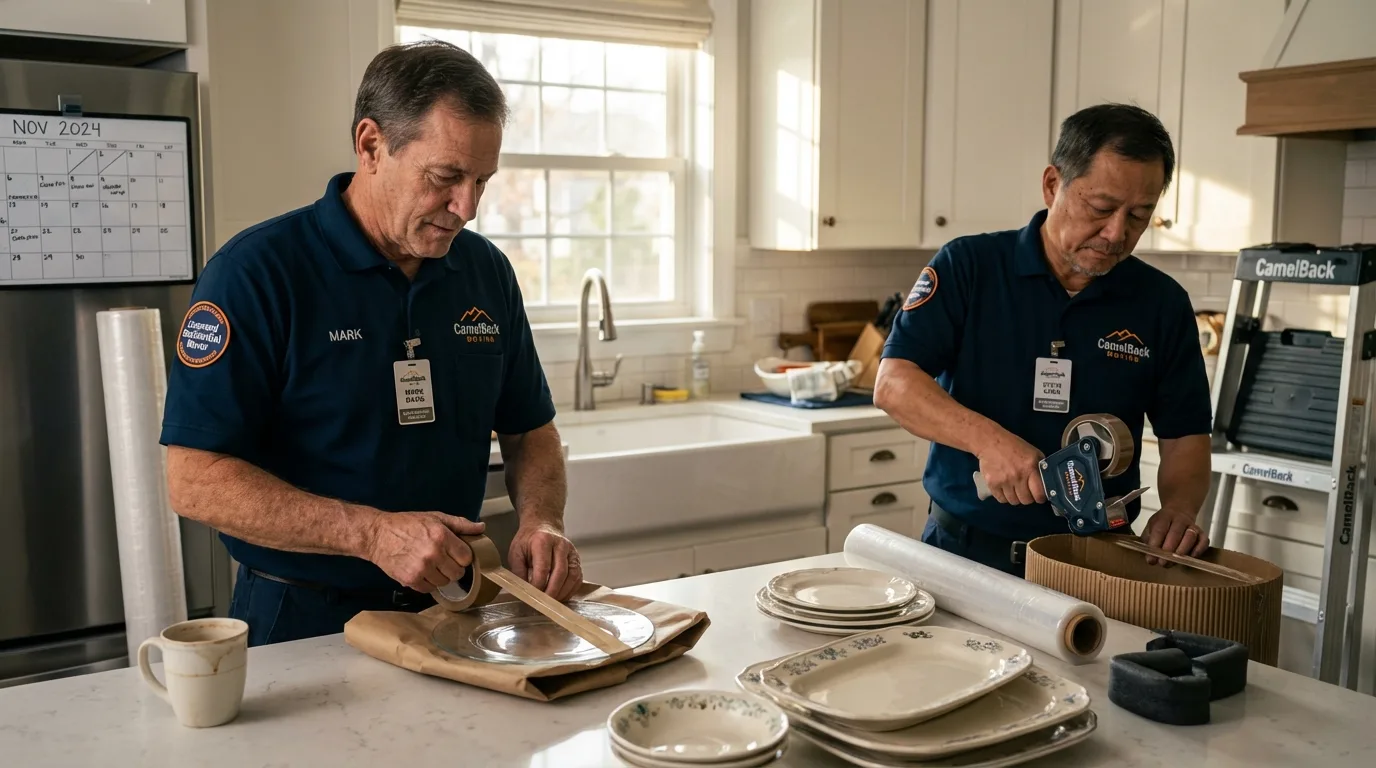Professional crew packing kitchen dishware in East Moriches, NY